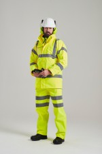 A high-visibility yellow waterproof jacket featuring retroreflective tape panels, suitable for a wide range of outdoor and site work applications.