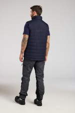 A navy blue safety vest featuring a warm thermal lining, suitable for a wide range of outdoor and site work applications.