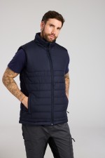 A navy blue safety vest featuring a warm thermal lining, suitable for a wide range of outdoor and site work applications.