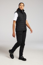 A women's black safety vest featuring a warm thermal lining, suitable for a wide range of outdoor and site work applications.