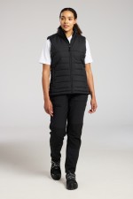 A women's black safety vest featuring a warm thermal lining, suitable for a wide range of outdoor and site work applications.