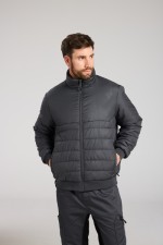 A grey padded jacket featuring a warm thermal lining, suitable for a wide range of outdoor and site work applications.