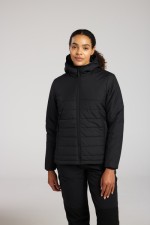 A women's black padded jacket featuring a warm thermal lining, suitable for a wide range of outdoor and site work applications.