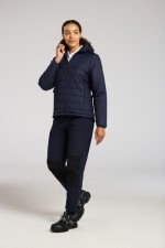 A women's navy blue padded jacket featuring a warm thermal lining, suitable for a wide range of outdoor and site work applications.