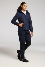 A women's navy blue padded jacket featuring a warm thermal lining, suitable for a wide range of outdoor and site work applications.