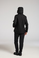 A women's black waterproof jacket designed for use on construction sites and in industrial work environments.,
