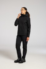 A women's black waterproof jacket designed for use on construction sites and in industrial work environments.,