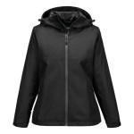 A women's black waterproof jacket designed for use on construction sites and in industrial work environments.,