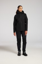 A women's black waterproof jacket designed for use on construction sites and in industrial work environments.,