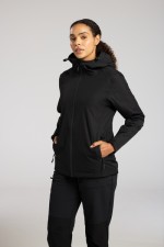 A women's black waterproof jacket designed for use on construction sites and in industrial work environments.,