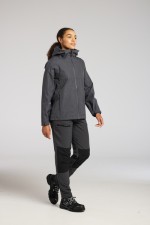 A women's grey waterproof jacket designed for use on construction sites and in industrial work environments.,
