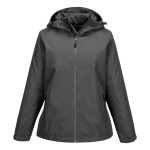 A women's grey waterproof jacket designed for use on construction sites and in industrial work environments.,