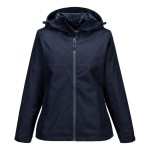A women's navy blue waterproof jacket designed for use on construction sites and in industrial work environments.,