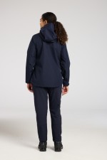 A women's navy blue waterproof jacket designed for use on construction sites and in industrial work environments.,