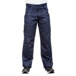 A pair of navy blue work trousers designed for use on construction sites and in industrial work environments.,