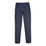 A pair of navy blue work trousers designed for use on construction sites and in industrial work environments.,
