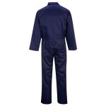 A navy blue coverall designed for use on construction sites and in industrial work environments.,