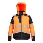 A women's high-visibility orange jacket featuring retroreflective tape panels, suitable for a wide range of outdoor and site work applications.
