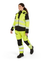 A women's high-visibility yellow jacket featuring retroreflective tape panels, suitable for a wide range of outdoor and site work applications.