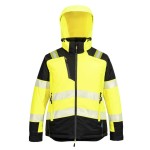 A women's high-visibility yellow jacket featuring retroreflective tape panels, suitable for a wide range of outdoor and site work applications.