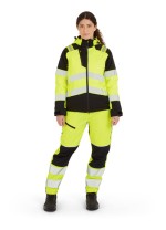 A women's high-visibility yellow jacket featuring retroreflective tape panels, suitable for a wide range of outdoor and site work applications.