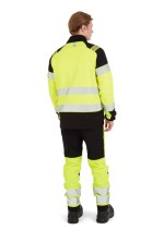 A high-visibility yellow jacket featuring retroreflective tape panels, suitable for a wide range of outdoor and site work applications.