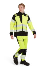 A high-visibility yellow jacket featuring retroreflective tape panels, suitable for a wide range of outdoor and site work applications.