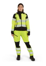 A women's high-visibility yellow jacket featuring retroreflective tape panels, suitable for a wide range of outdoor and site work applications.
