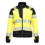 A women's high-visibility yellow jacket featuring retroreflective tape panels, suitable for a wide range of outdoor and site work applications.