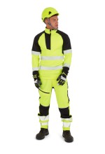 A high-visibility yellow work shirt featuring retroreflective tape panels, a full-length zip front, suitable for a wide range of outdoor and site work applications.