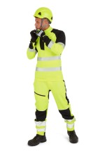 A high-visibility yellow work shirt featuring retroreflective tape panels, a full-length zip front, suitable for a wide range of outdoor and site work applications.