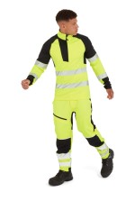 A high-visibility yellow work shirt featuring retroreflective tape panels, a full-length zip front, suitable for a wide range of outdoor and site work applications.