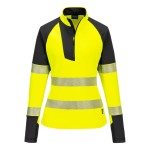 A women's high-visibility yellow work shirt featuring retroreflective tape panels, a full-length zip front, suitable for a wide range of outdoor and site work applications.