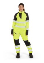 A women's high-visibility yellow work shirt featuring retroreflective tape panels, a full-length zip front, suitable for a wide range of outdoor and site work applications.