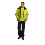 A high-visibility yellow jacket featuring retroreflective tape panels, suitable for a wide range of outdoor and site work applications.