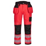 A pair of high-visibility yellow trousers featuring retroreflective tape panels, functional pockets, suitable for a wide range of outdoor and site work applications.