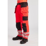 A pair of high-visibility yellow trousers featuring retroreflective tape panels, functional pockets, suitable for a wide range of outdoor and site work applications.
