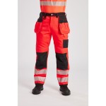 A pair of high-visibility yellow trousers featuring retroreflective tape panels, functional pockets, suitable for a wide range of outdoor and site work applications.