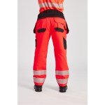 A pair of high-visibility yellow trousers featuring retroreflective tape panels, functional pockets, suitable for a wide range of outdoor and site work applications.