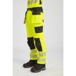 A pair of high-visibility yellow trousers featuring retroreflective tape panels, functional pockets, suitable for a wide range of outdoor and site work applications.