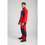 A pair of red work trousers designed for use on construction sites and in industrial work environments.,