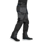 A pair of grey work trousers designed for use on construction sites and in industrial work environments.,