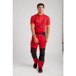 A red workwear garment designed for use on construction sites and in industrial work environments.,