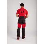 A red workwear garment designed for use on construction sites and in industrial work environments.,