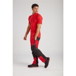 A red polo shirt designed for use on construction sites and in industrial work environments.,