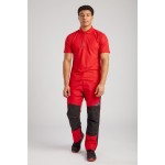 A red polo shirt designed for use on construction sites and in industrial work environments.,