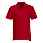 A red polo shirt designed for use on construction sites and in industrial work environments.,