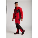 A red softshell jacket designed for use on construction sites and in industrial work environments.,
