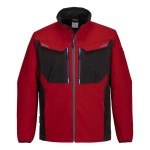 A red softshell jacket designed for use on construction sites and in industrial work environments.,