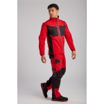 A red softshell jacket designed for use on construction sites and in industrial work environments.,